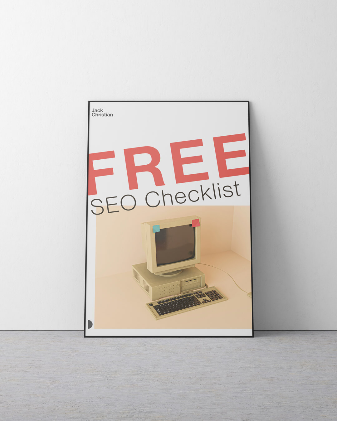 A poster showing a 90s-style computer with a headline that reads 'FREE SEO Checklist'